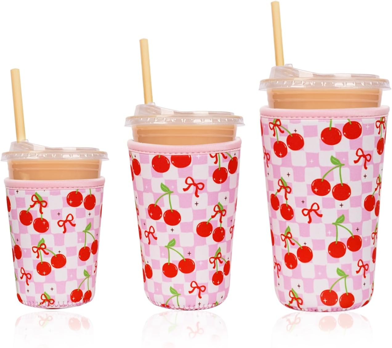 Reusable Insulated Neoprene Iced Coffee Cup Sleeve, Durable Drink Sleeve for Cold Beverages, Beverage Holder for Iced Coffee, Cherry Gleam