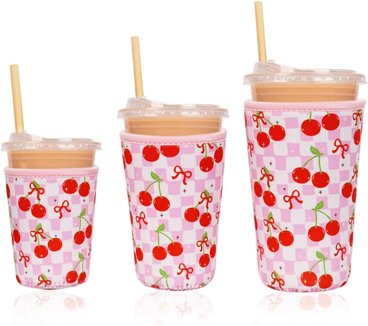 Reusable Insulated Neoprene Iced Coffee Cup Sleeve, Durable Drink Sleeve for Cold Beverages, Beverage Holder for Iced Coffee, Cherry Gleam