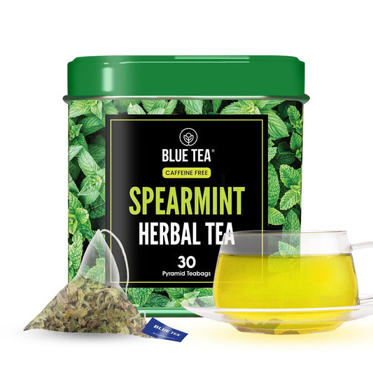 BLUE TEA - Spearmint Tea - 30 Count - Pyramid Plant Based Tea Bag | PCOS RELIEF | Balances Hormones - Support Digestion | Refreshing Cool Minty Flavour - Herbal Tea - Leaf Based - Caffeine free | Ziplock Pouch