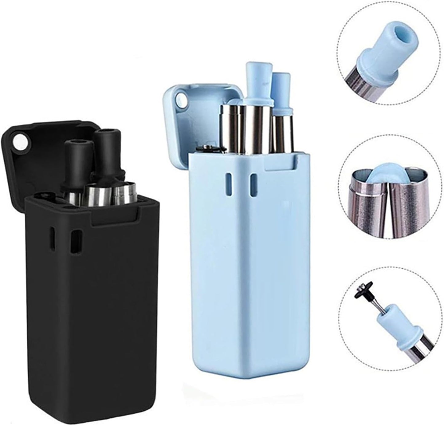 Foldable Straw with Storage Box, Reusable Folding Stainless Steel Straw, Portable Collapsible Set with Silicone Tip and Cleaner Brush for Travel Home Work (blue)