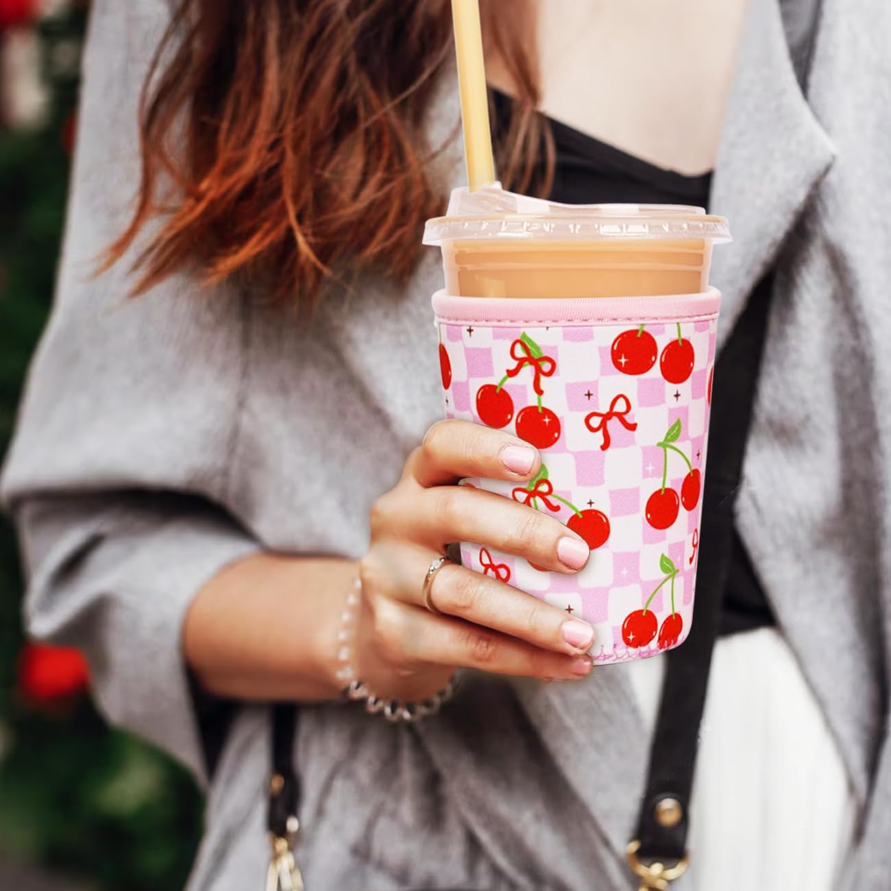 Reusable Insulated Neoprene Iced Coffee Cup Sleeve, Durable Drink Sleeve for Cold Beverages, Beverage Holder for Iced Coffee, Cherry Gleam