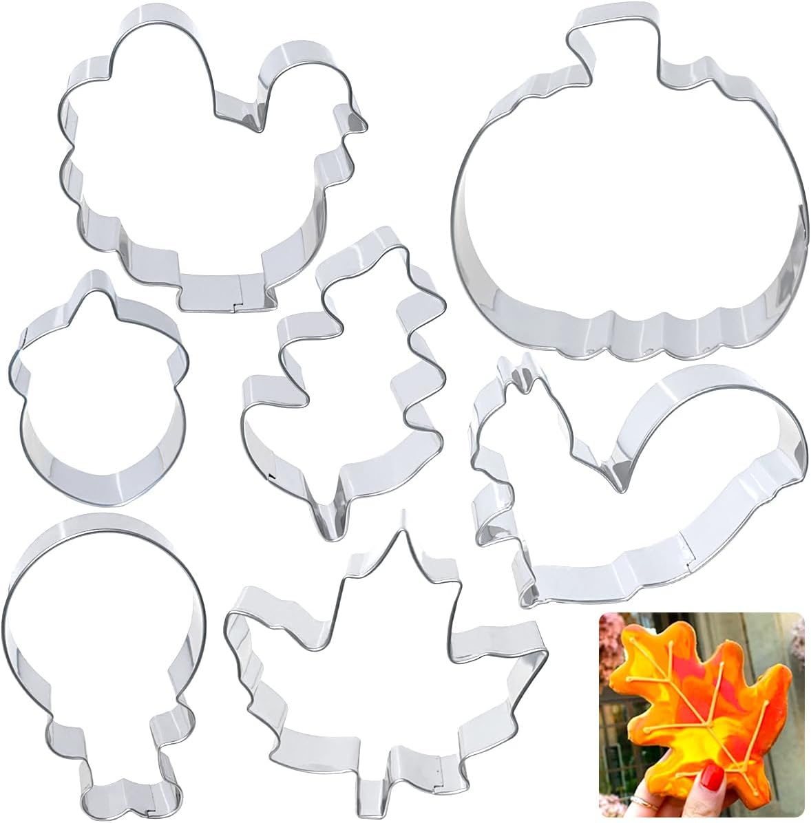 Thanksgiving Cookie Cutters 7PCS, Large Pumpkin Turkey Pine Cones Maple Leaf Squirrel Fall Cookie Cutters Shapes, Sturdy Metal Fondant Biscuit Cutters for Home Holiday Baking with Family