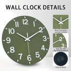 HZDHCLH Wall Clock 12 Inch Silent Non Ticking Wood Battery Operated Green - Image 2
