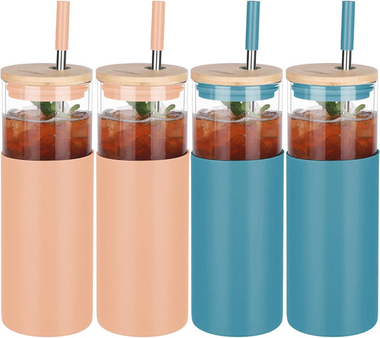 Glass Tumbler w/Lids & Straw - 24oz Reusable Mug w/Bamboo Lid & Stainless Steel Straw - BPA-Free, Leak-Proof, Dishwasher Safe for Coffee, Smoothies, Hot Beverages, Travel, Office, Home Use，4-PK