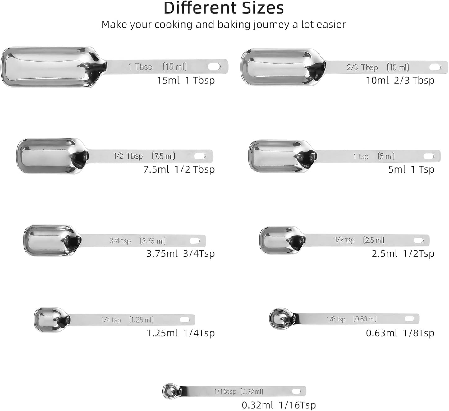 Stainless Steel Measuring Spoons - 10 Piece Set, Metric & US, Long Handle, Ideal for Kitchen & Baking, Includes 1/16Tsp & 2/3Tbsp for Spice Jars