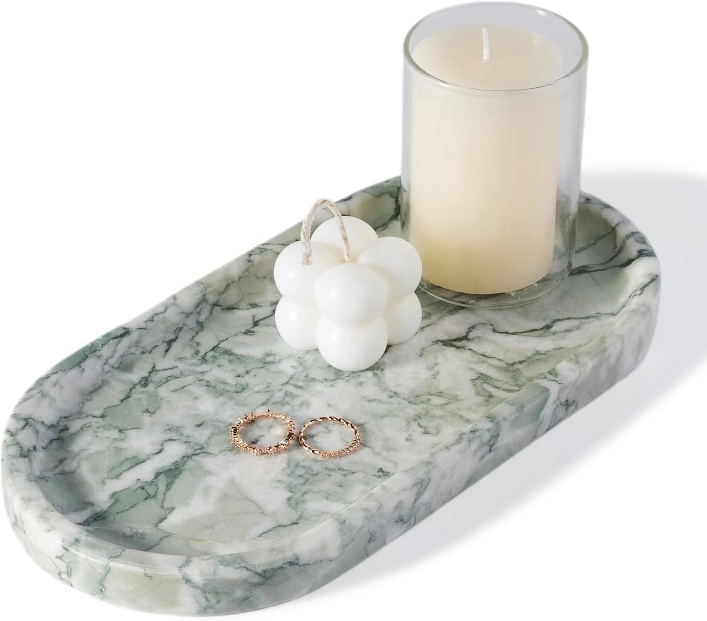 Koville Marble Bathroom Tray for Countertop, Vanity Tray Stone Trays for Decor, Natural Marble Decorative Tray for Dresser Organizer, Storage Trays for Perfume, Jewelry, Cosmetics(Retro Light Green)