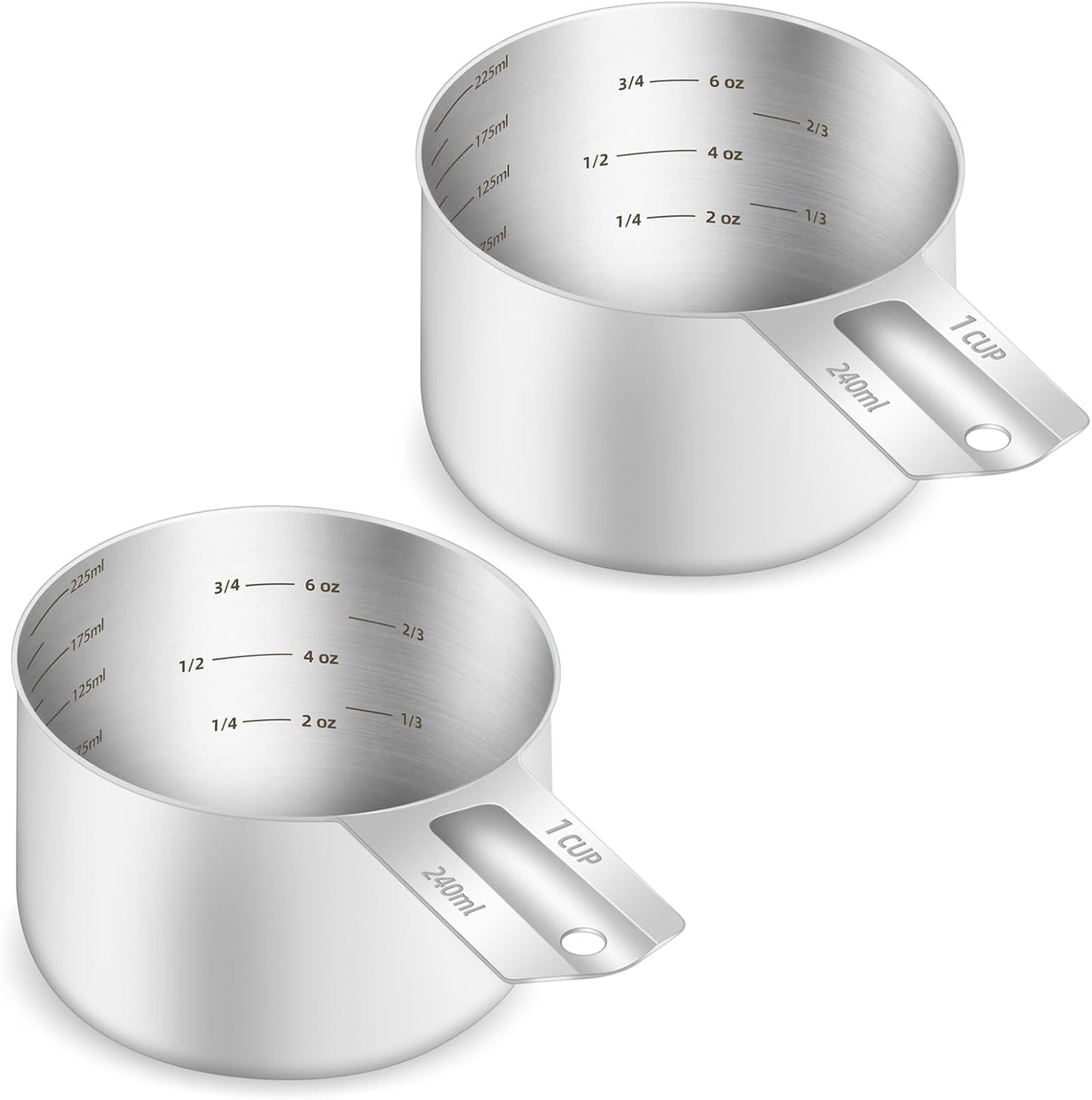 2PCS 1Cup (240ml, 8oz) Single Measuring Cup, Etched Inner Scale Stainless Steel Measure Scoop, Metric and US Measurement, Dishwasher Safe