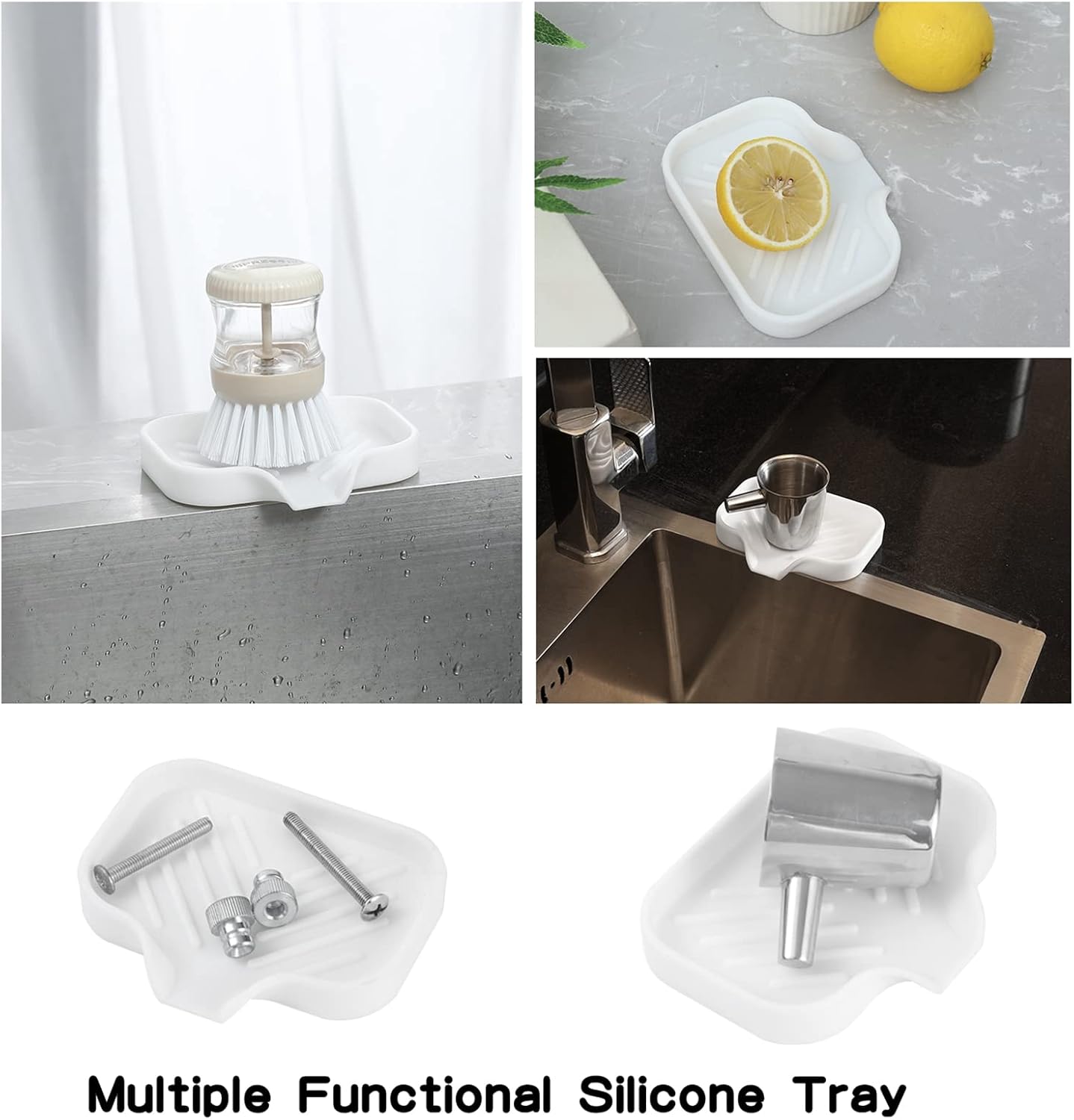 Silicone Bathroom Soap Dishes with Drain Spout-Bathroom and Kitchen Sink Organizer,Sponge Holder,Dish Soap Tray,Perfect for Dispenser,Scrubber,Bottle,Cup on Sink or Counter-White 4.9"×3.2"