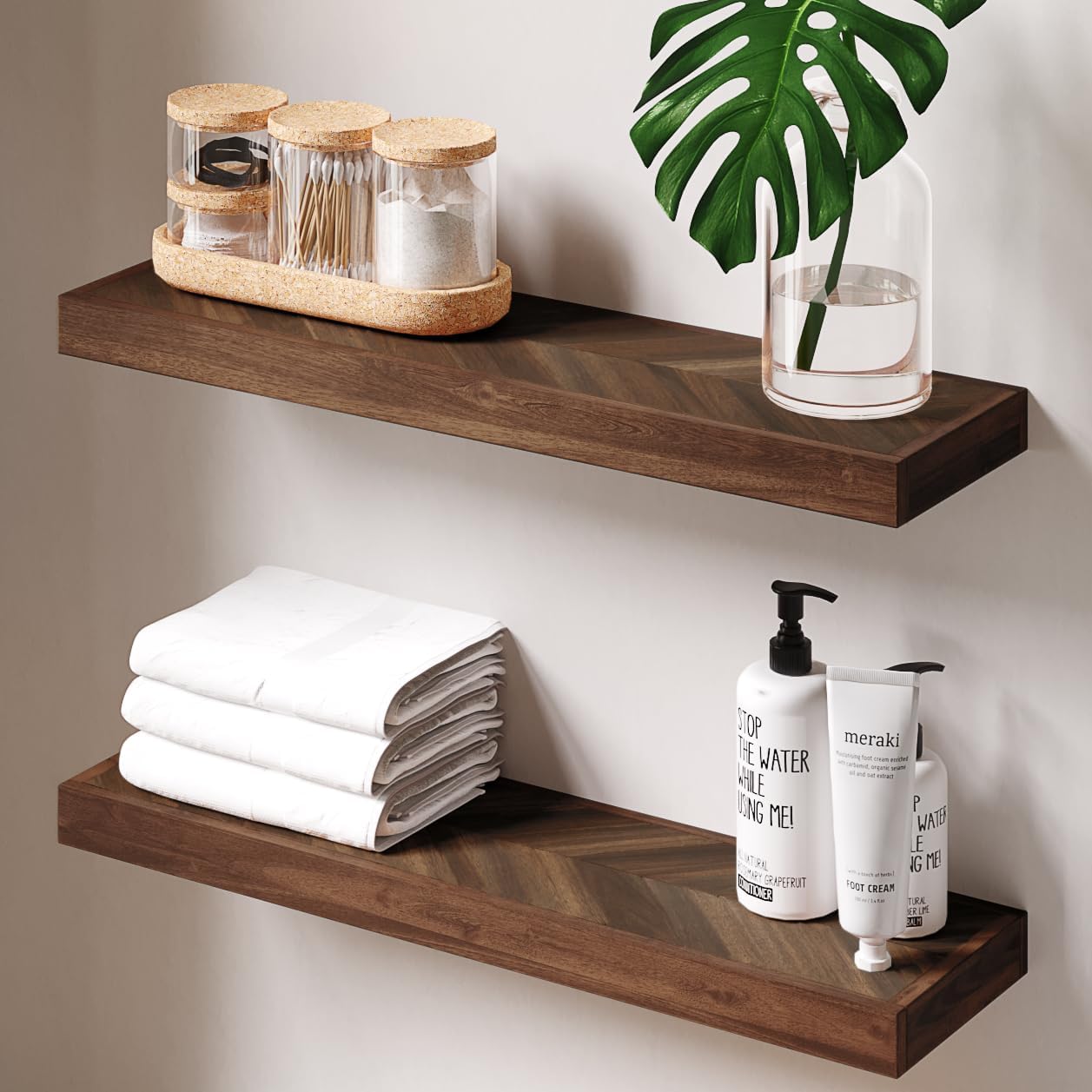 24" Acacia Chevron Floating Shelves Set of 2 - Wall Mounted Wooden Shelf for Stylish Home Décor - Walnut Color - 24x6.7x1.5 Inches