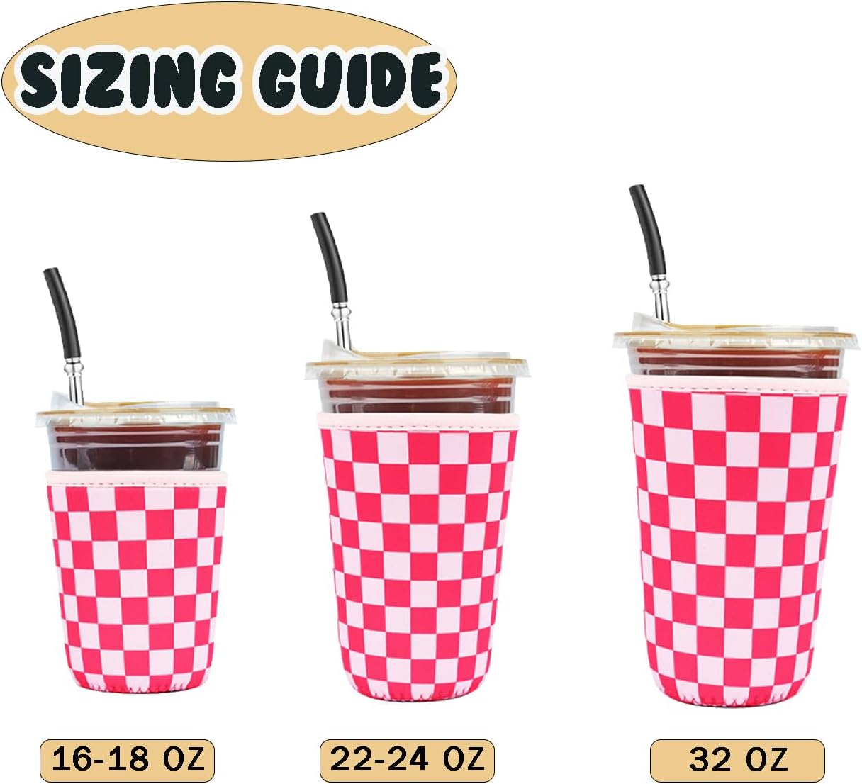 Reusable Insulated Neoprene Iced Coffee Cup Sleeve, Durable Drink Sleeve for Cold Beverages, Beverage Holder for Iced Coffee, Pink Grid