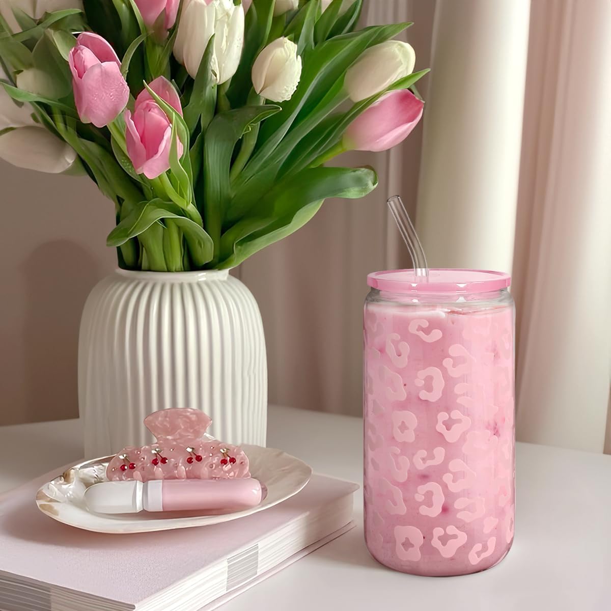 SANDJEST Leopard Glass Bottle, Pink Leopard Print Glass Cup with Lid & Straw, Iced Coffee Aesthetic Glass Can, Gifts for Women, Christmas Birthday Mother's Day