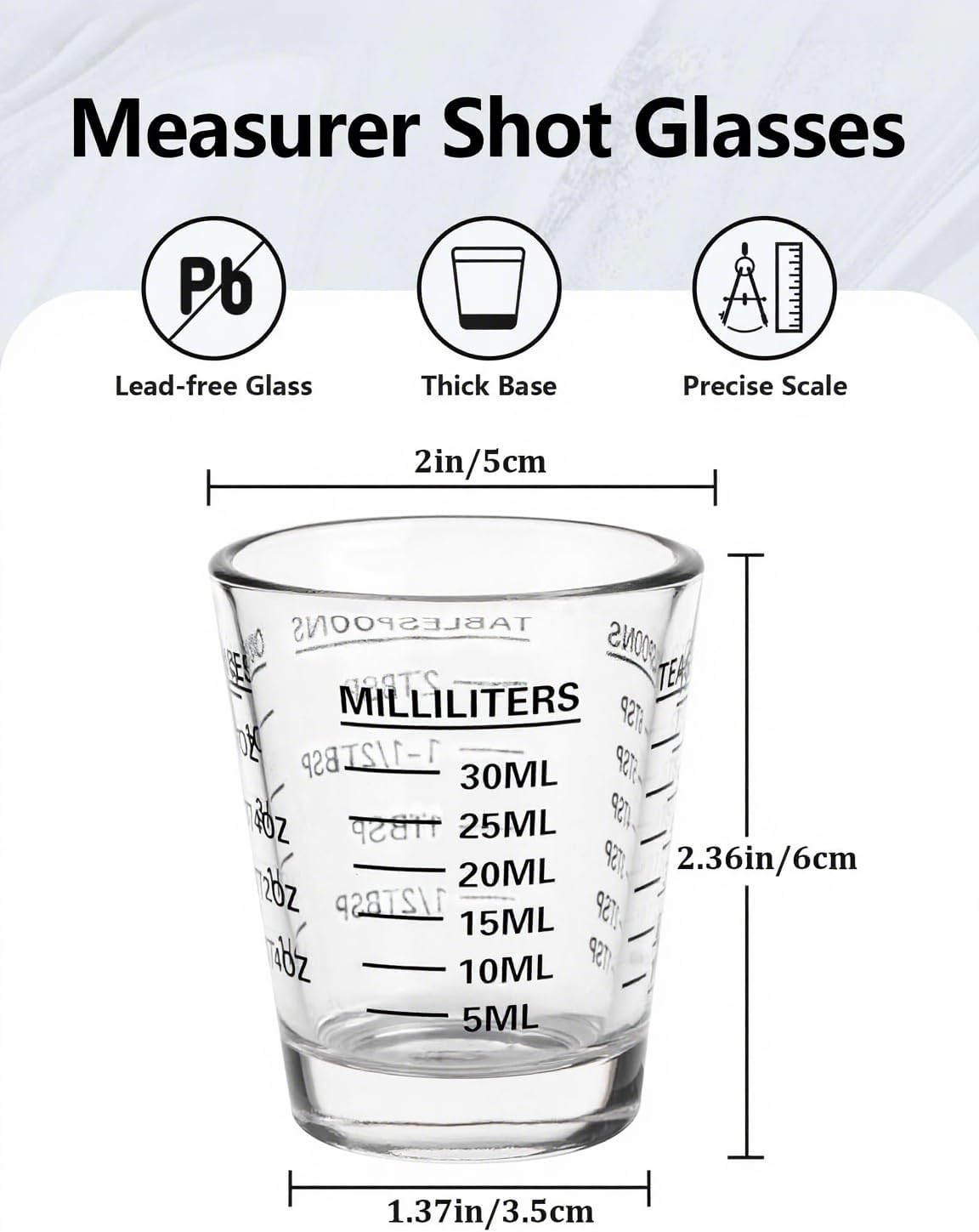 2-Pack Shot Glass Measuring Cups Set | Non-Fading 4-Measurement Espresso Jigger (OZ/ML/TSP/TBSP) | Thick Base Heavy Glass Measuring Cup for Coffee & Kitchen，Dishwasher Safe, Incremental Scale (Black)