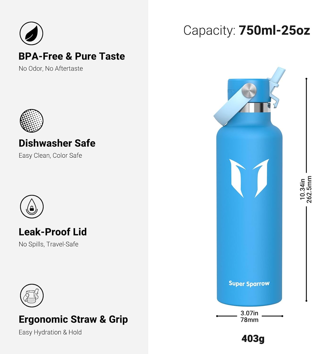 Super Sparrow Insulated Water Bottle - 17 Oz / 25 Oz / 32 Oz - Standard Mouth FlipFlow Flask - BPA Free, Leak Proof Drink Bottle- Ergonomic Straw Water Bottles for Work, Gym, Travel, Sports