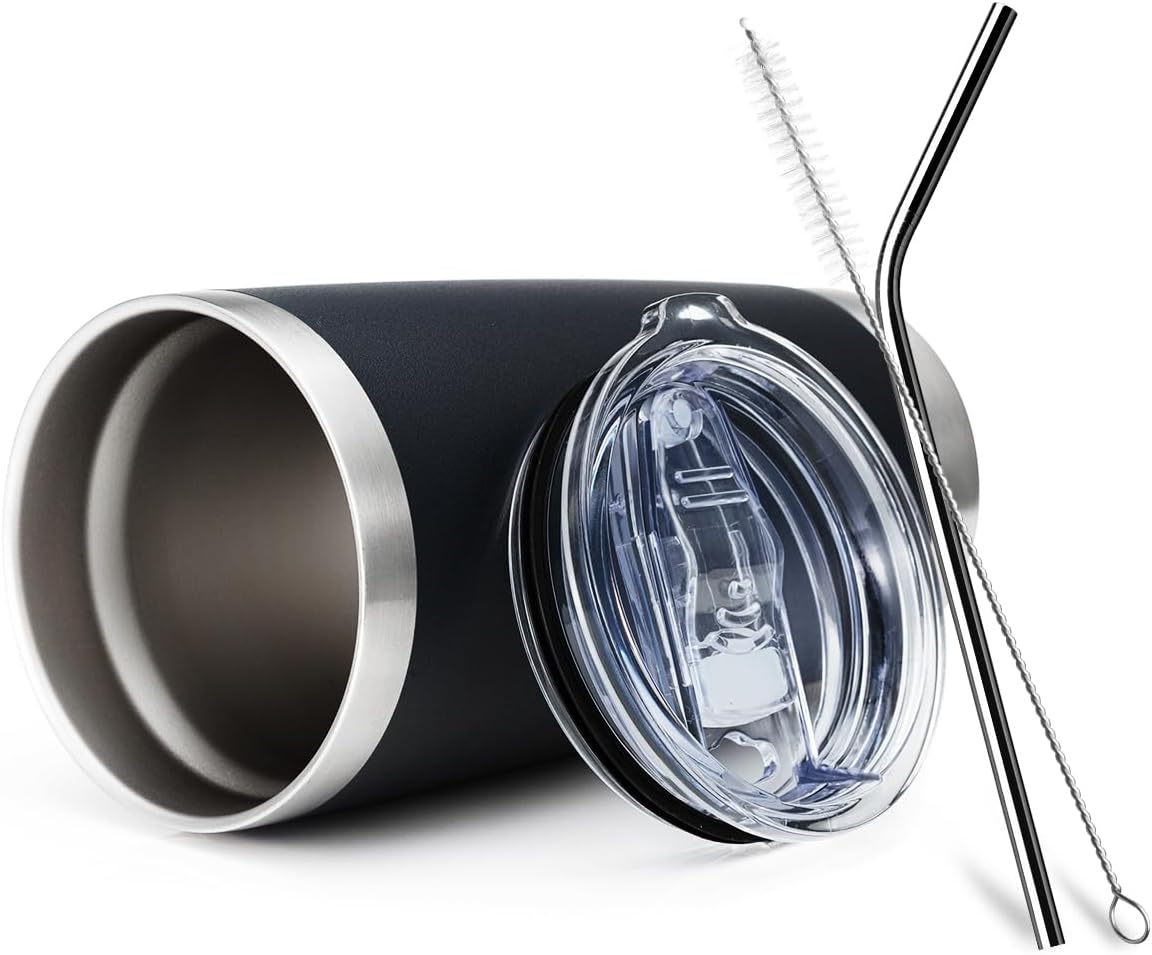 COMOOO 20oz Double Wall Vacuum Insulated Travel Mug, Stainless Steel Tumbler with Lid and Straw Durable Powder Coated Insulated Coffee Cup for Cold & Hot Drinks (Black, 12 pack