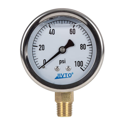 Pressure Gauge,Glycerin Liquid Filled,2.5" Dia,0-100 psi(Single Scale),1/4" NPT Brass Connection,Lower Mount, Stainless Steel Case,for Pneumatic,Pump,Hose,Well Tank,Gas Air Water Oil