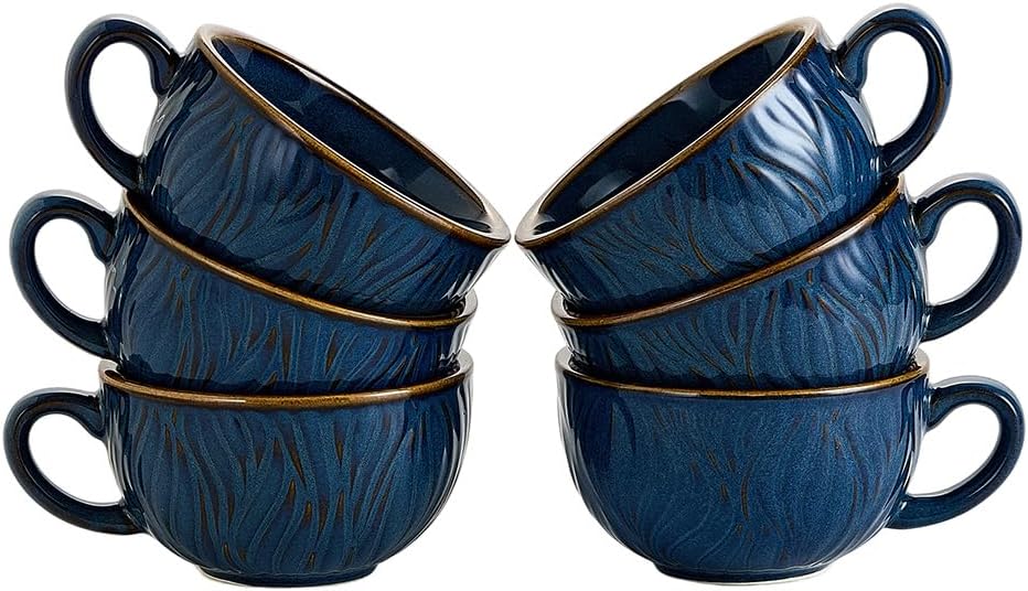 Set of 6 Vintage Design 12 oz Professional Barista Ceramic Latte Art Cappuccino Cups Set (Wave Blue)