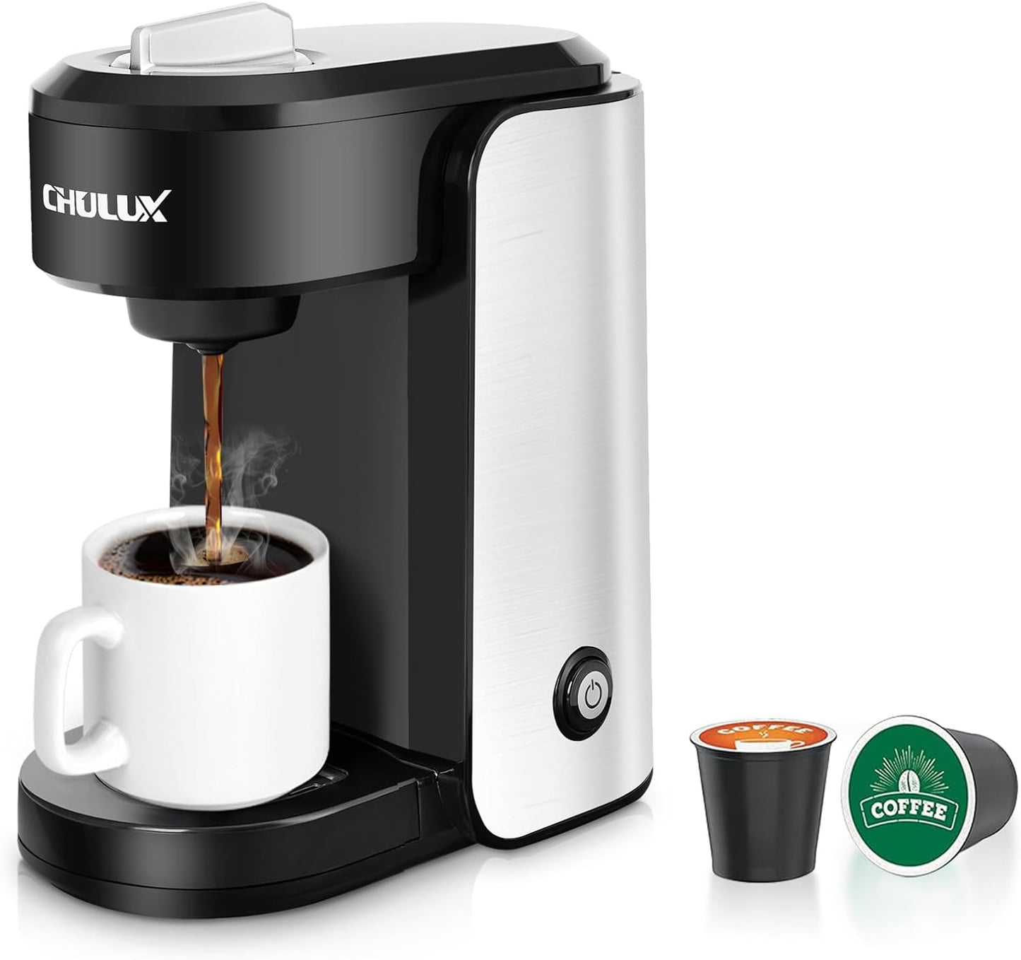 CHULUX Single Serve Coffee Maker, 1000 Watts Single Cup Stainless Steel Coffee Machine for Capsule and Ground Coffee with Graduated Water Tank, One Button Operation