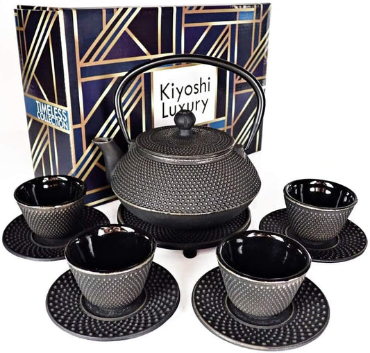 Large 11PC Japanese Tea Set "Gashu Black" Cast Iron Tea Pot 26Oz with 4 Tea Cups (2Oz each), 4 Saucers, Loose Leaf Tea Infuser and Trivet Ceremonial Matcha Accessories
