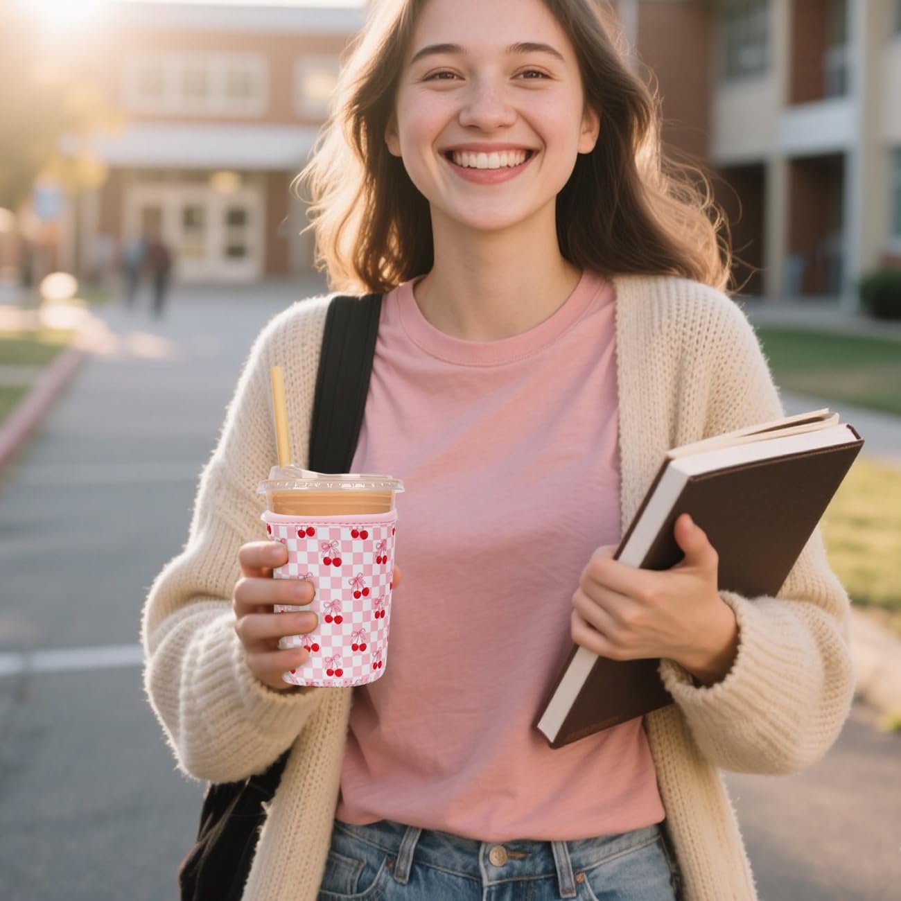 Reusable Insulated Neoprene Iced Coffee Cup Sleeve, Durable Drink Sleeve for Cold Beverages, Beverage Holder for Iced Coffee, Sweet Cherry