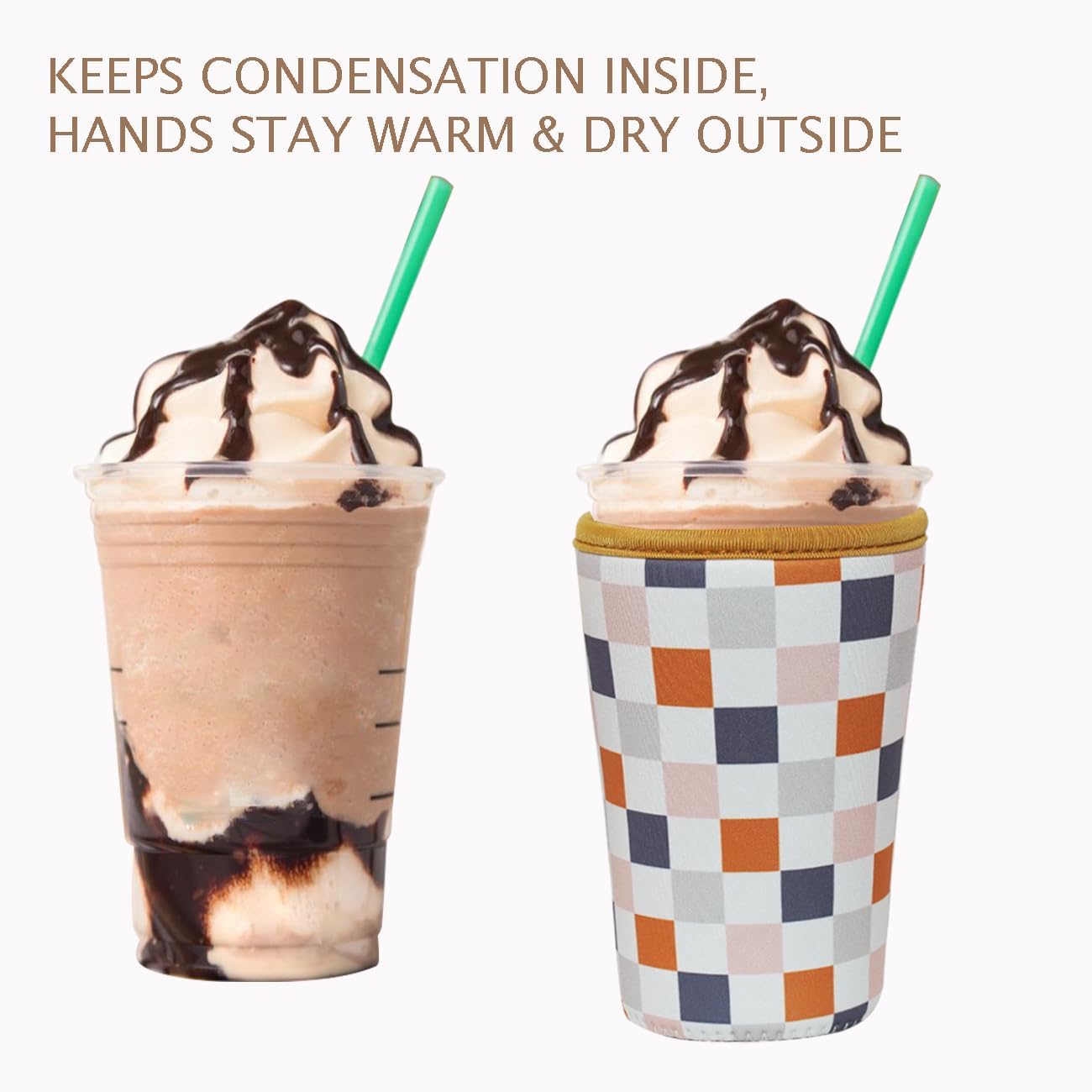 Reusable Insulated Neoprene Iced Coffee Cup Sleeve, Durable Drink Sleeve for Cold Beverages, Beverage Holder for Iced Coffee, Muted Grid