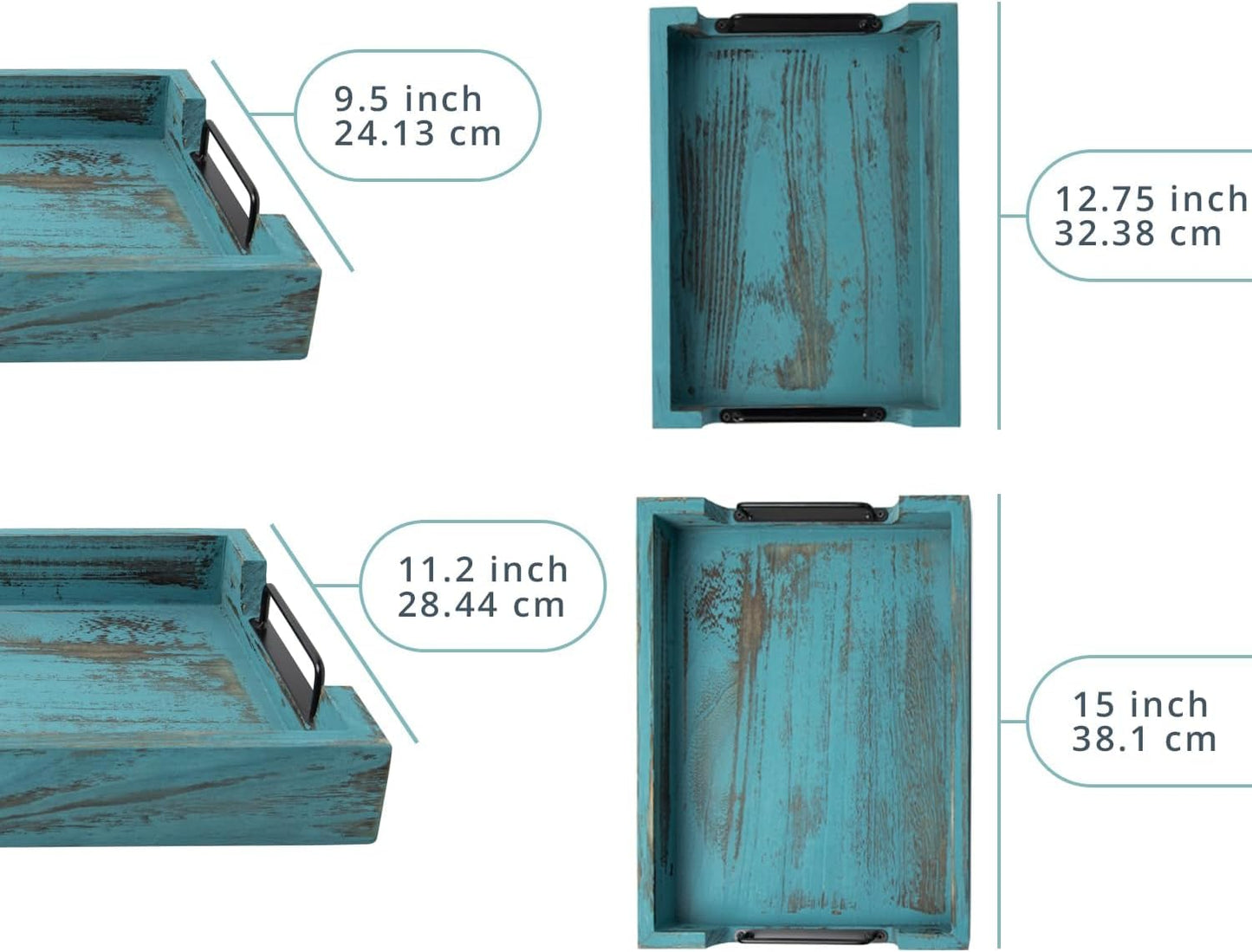 Rustic Wooden Serving Trays with Handle - Set of 2 - Large and Small, Nesting Multipurpose Trays - for Breakfast, Coffee Table/Butler & More - Rustic Blue