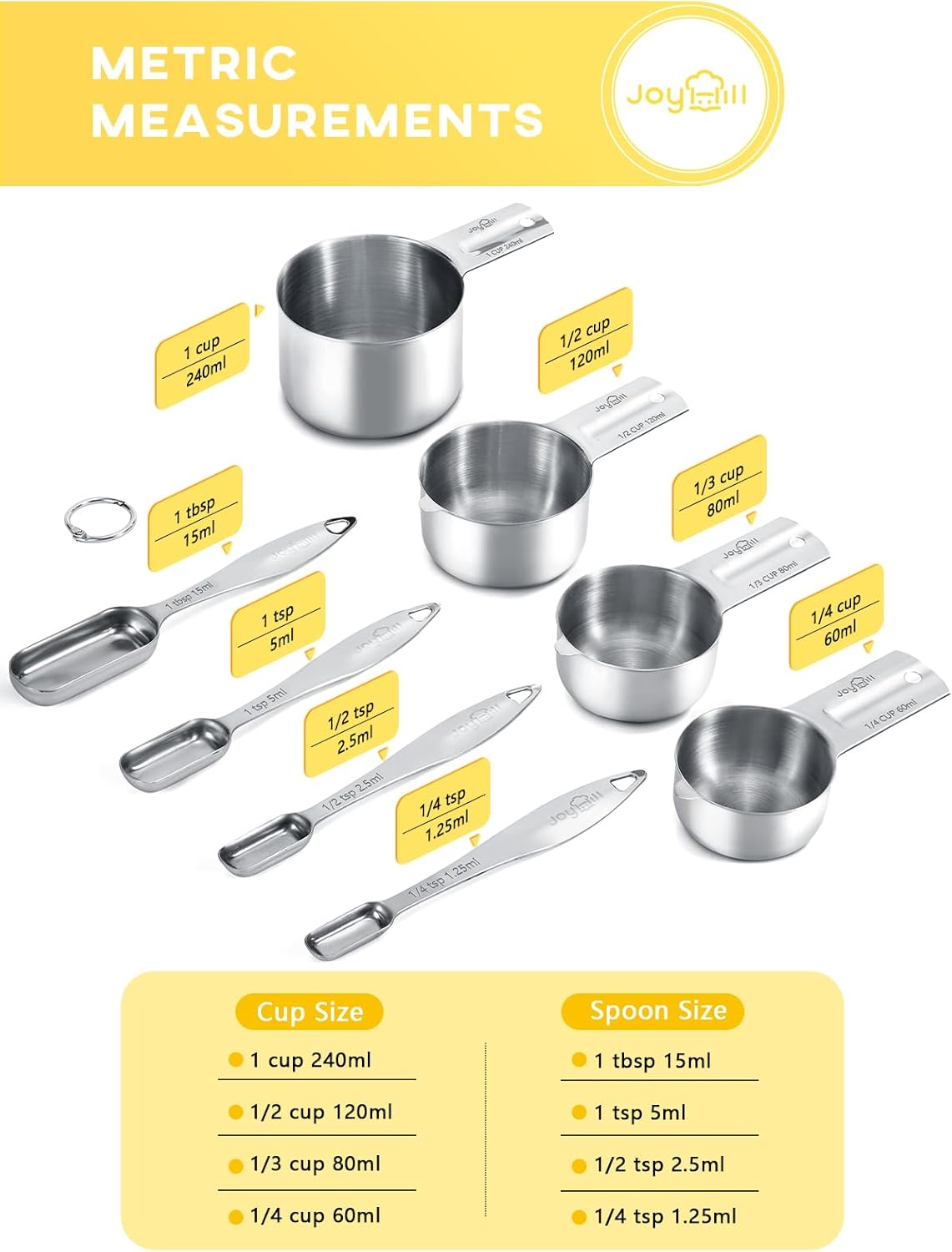 Joyhill Measuring Cups and Spoons Set of 8 Piece, Metal Stainless Steel Measuring Cups and Spoons Set for Baking Cooking, Dry and Liquid Ingredients