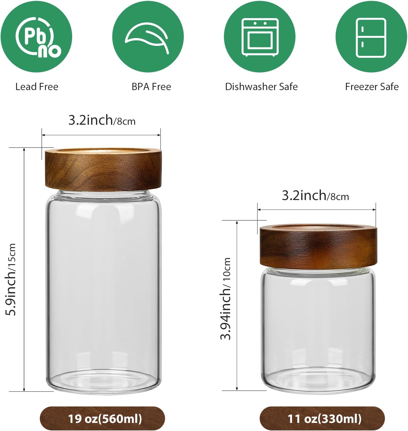 2PCS Small Glass Storage Jars with Airtight Lids, 19.3 fl oz (560ml) coffee container with Wooden Lid, Glass Pantry Canister for Beans, Rice, Sugar and etc