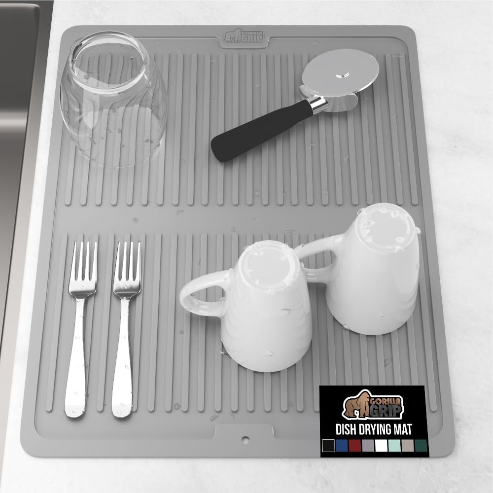 GORILLA GRIP 100% BPA-Free Patented Silicone Dish Drying Mat for Kitchen Counter, 18x16 Inch, Water Catching Ribbed Design, Easy Clean Waterproof Sink Liner, Heat Resistant, Fits Under Rack, Gray