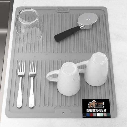 GORILLA GRIP 100% BPA-Free Patented Silicone Dish Drying Mat for Kitchen Counter, 18x16 Inch, Water Catching Ribbed Design, Easy Clean Waterproof Sink Liner, Heat Resistant, Fits Under Rack, Gray