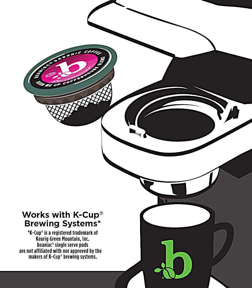 beaniac Organic Bean Me Up Coffeehouse Blend, Medium Roast, Single Serve Compostable K Cup Coffee Pods, Organic Arabica Coffee, Keurig Brewer Compatible, 30 Count