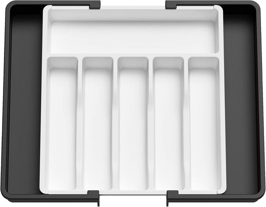 Lifewit Silverware Drawer Organizer, Expandable Utensil Tray for Kitchen, BPA Free Flatware and Cutlery Holder, Adjustable Plastic Storage for Spoons Forks Knives, Large, White&Black