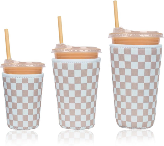 Reusable Insulated Neoprene Iced Coffee Cup Sleeve, Durable Drink Sleeve for Cold Beverages, Beverage Holder for Iced Coffee, Classic Checker