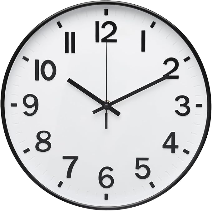 Wall Clock 12Inch White-Black Modern Simple Quartz Decorative Clock Non-Ticking by BAKBRAND