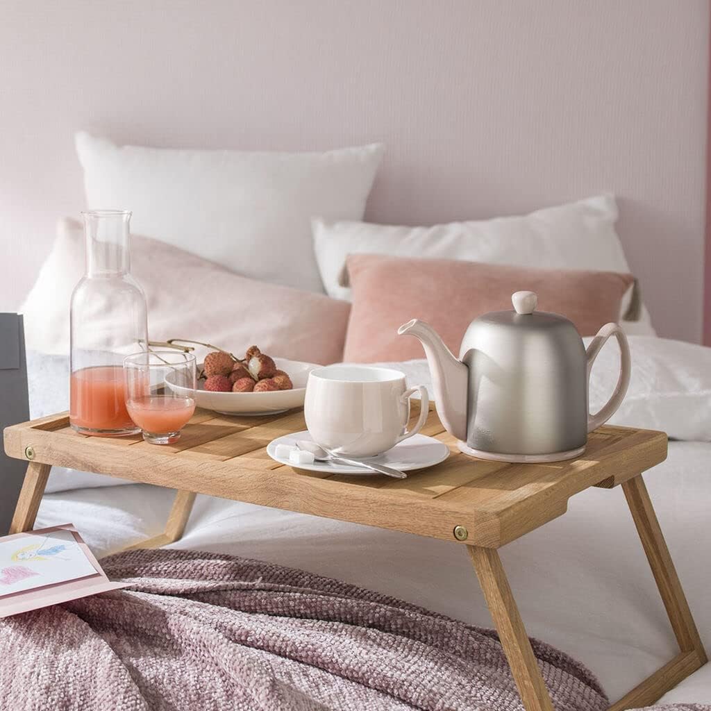 Salam Luxury French Tea Pot - Porcelain Teapot with Brushed Aluminum Cover, Ceramic Tea Kettle for Loose Tea, Removable Infuser, 4 Cup Capacity, 24oz - Pink