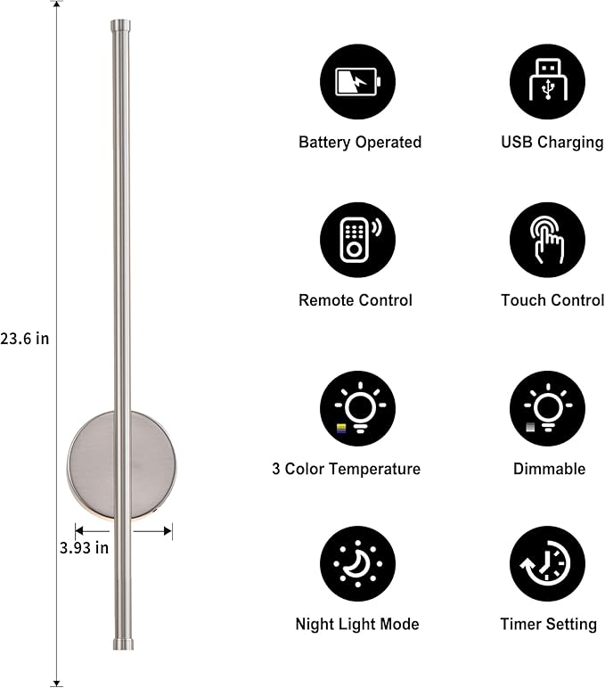 Battery Operated Modern Wall Sconces, Dimmable Wireless Wall Light Set of Two - Image 4