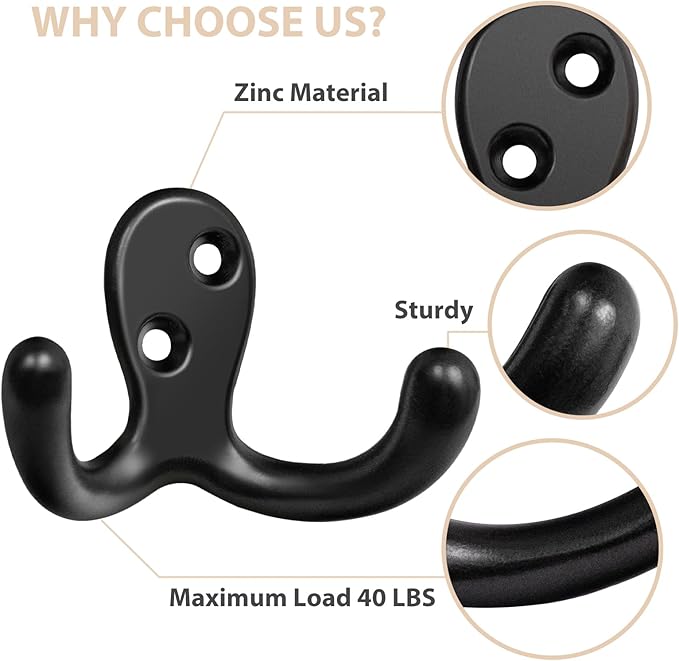 Homanu 34 Pack Coat Hooks, Heavy Duty Double Prong Coat Hooks Wall Mounted - Image 4