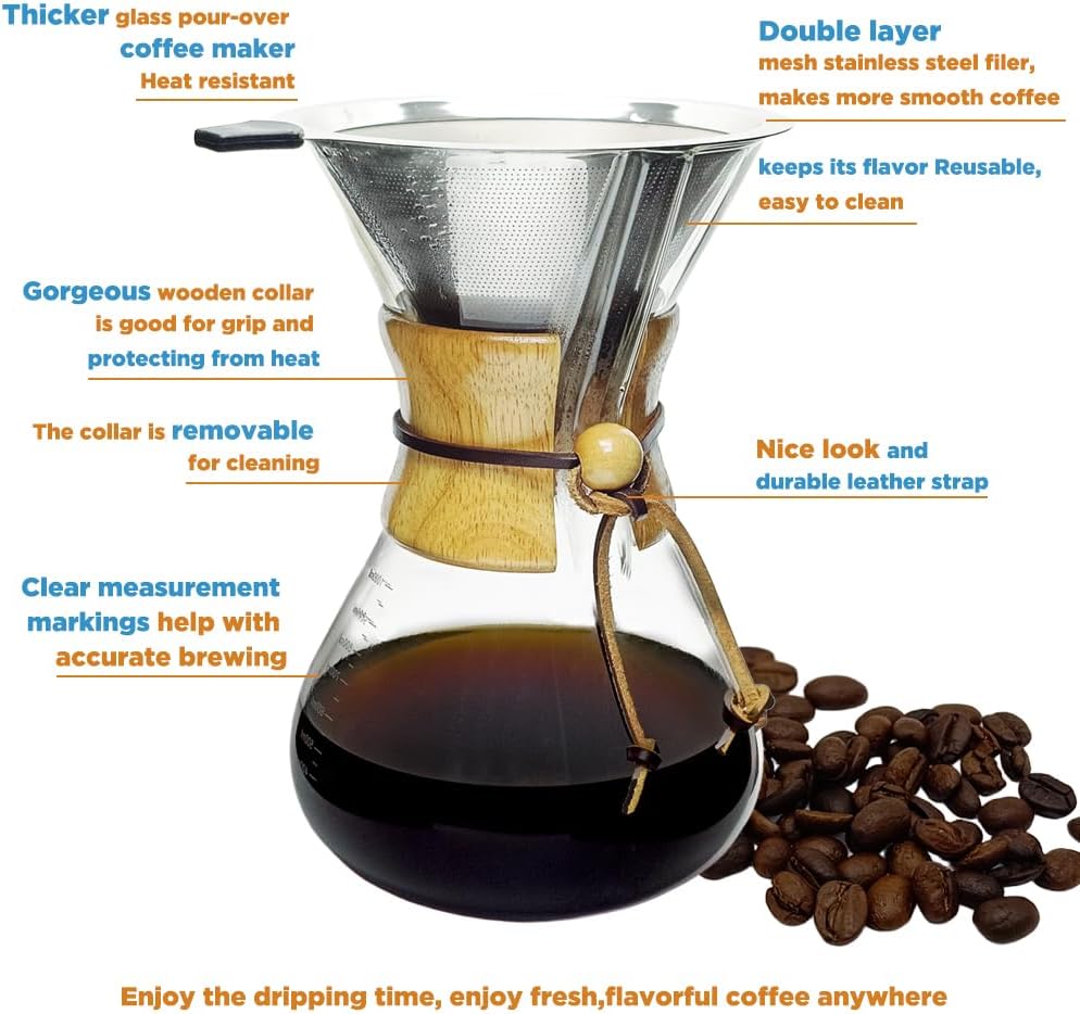 Subjectthree Pour Over Coffee Maker Set 8 Cup Glass Coffee Carafe Dripper with Stainless Filter for Camping Home Office Cafes Easy Clean (8 Cup/28 oz)