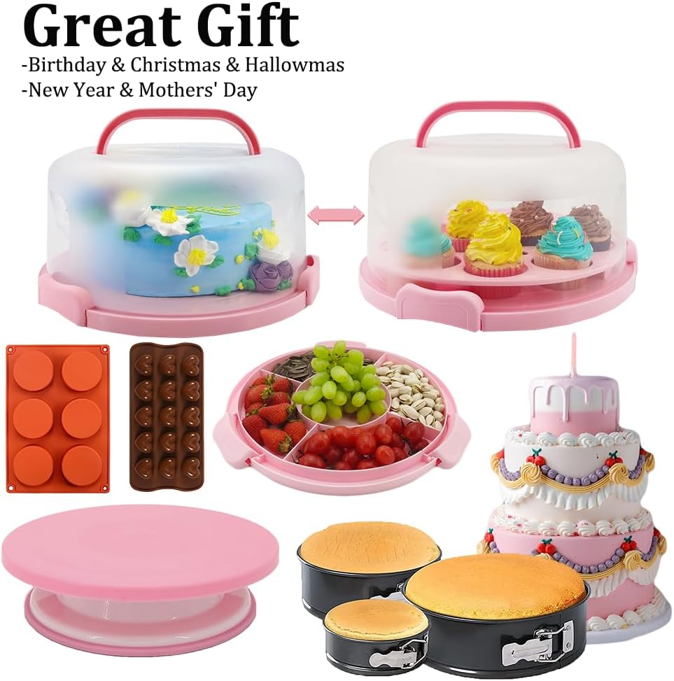 Gawren-H&E Cake Decorating Supplies Kit, 678 PCS Cake Decorating Kit & Cake Baking Suppplies set with Cake Carrier,3 Springform Pans Set,Piping Bags and Tips Set,Chocolate Molds,Cake Stand for Baking