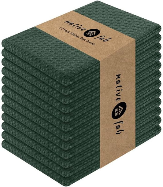 Native Fab Waffle Weave Dish Towels 12 Pack, 100% Cotton Kitchen Dishcloths with Hanging Loop, 16x26 Inches, Super Absorbent, Washable, Quick Dry for Kitchen Cleaning, Drying Dishes, Forest Green