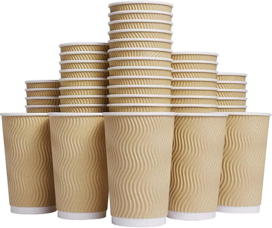 Hot Paper Cups 16 oz Disposable Insulated Corrugated Sleeve Ripple Wall Paper Cup 100 pcs,16oz Cups for Drink，Hot Coffee Cups (Brown)