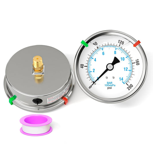 0-200PSI Stainless Steel Liquid Filled Pressure Gauge, 4" Dial Size, 1/4" NPT Back Mount, for Tube, Water Pump, Gas, Liquid, Pressure Test (with Range Mark Pointer)
