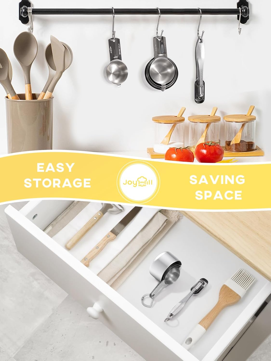 Joyhill Measuring Cups and Spoons Set of 8 Piece, Metal Stainless Steel Measuring Cups and Spoons Set for Baking Cooking, Dry and Liquid Ingredients