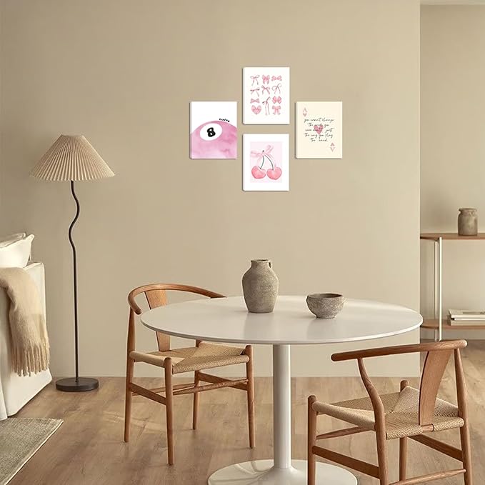 SEHSUVC Pink Coquette Y2K Lucky Wall Art Set of 4, Preppy Aesthetic Canvas - Image 2