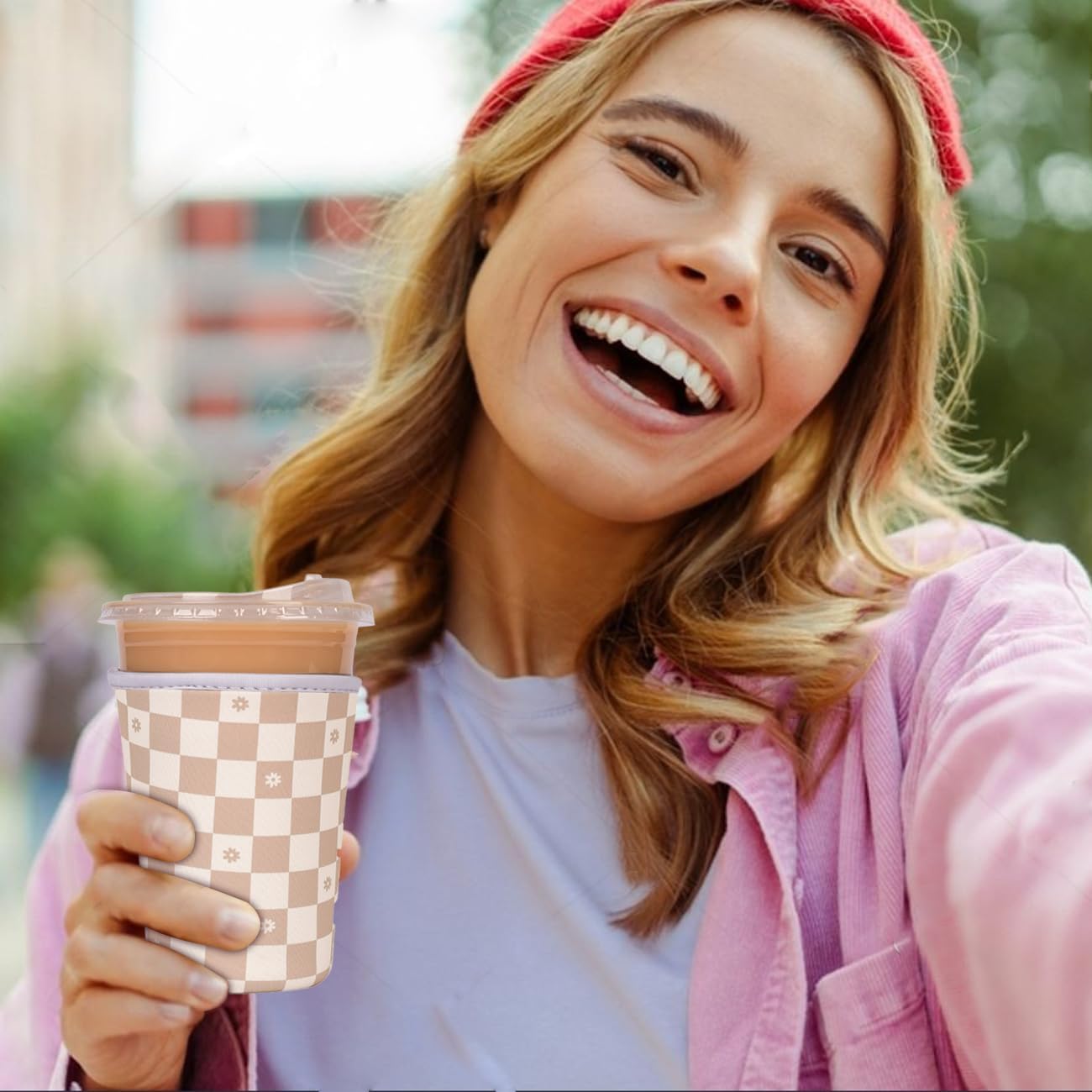 Reusable Insulated Neoprene Iced Coffee Cup Sleeve, Durable Drink Sleeve for Cold Beverages, Beverage Holder for Iced Coffee, Floral Checkers