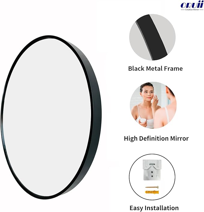 Oruii Black Circle Mirror, 20 inch Round Mirror Metal Frame, Living Room - Image 2