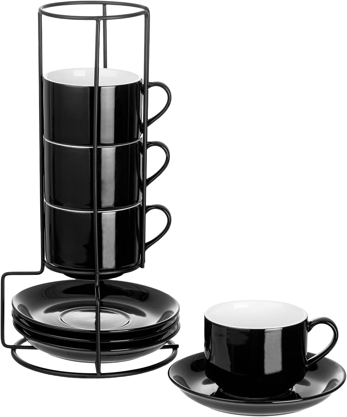 YOLIFE 8oz Porcelain Stackable Cappuccino Cups with Saucers and Metal Stand Set of 4, Coffee cups for Espresso, Specialty Coffee Drinks, Latte, Americano and Tea - Black