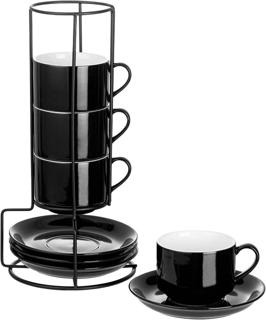 YOLIFE 8oz Porcelain Stackable Cappuccino Cups with Saucers and Metal Stand Set of 4, Coffee cups for Espresso, Specialty Coffee Drinks, Latte, Americano and Tea - Black