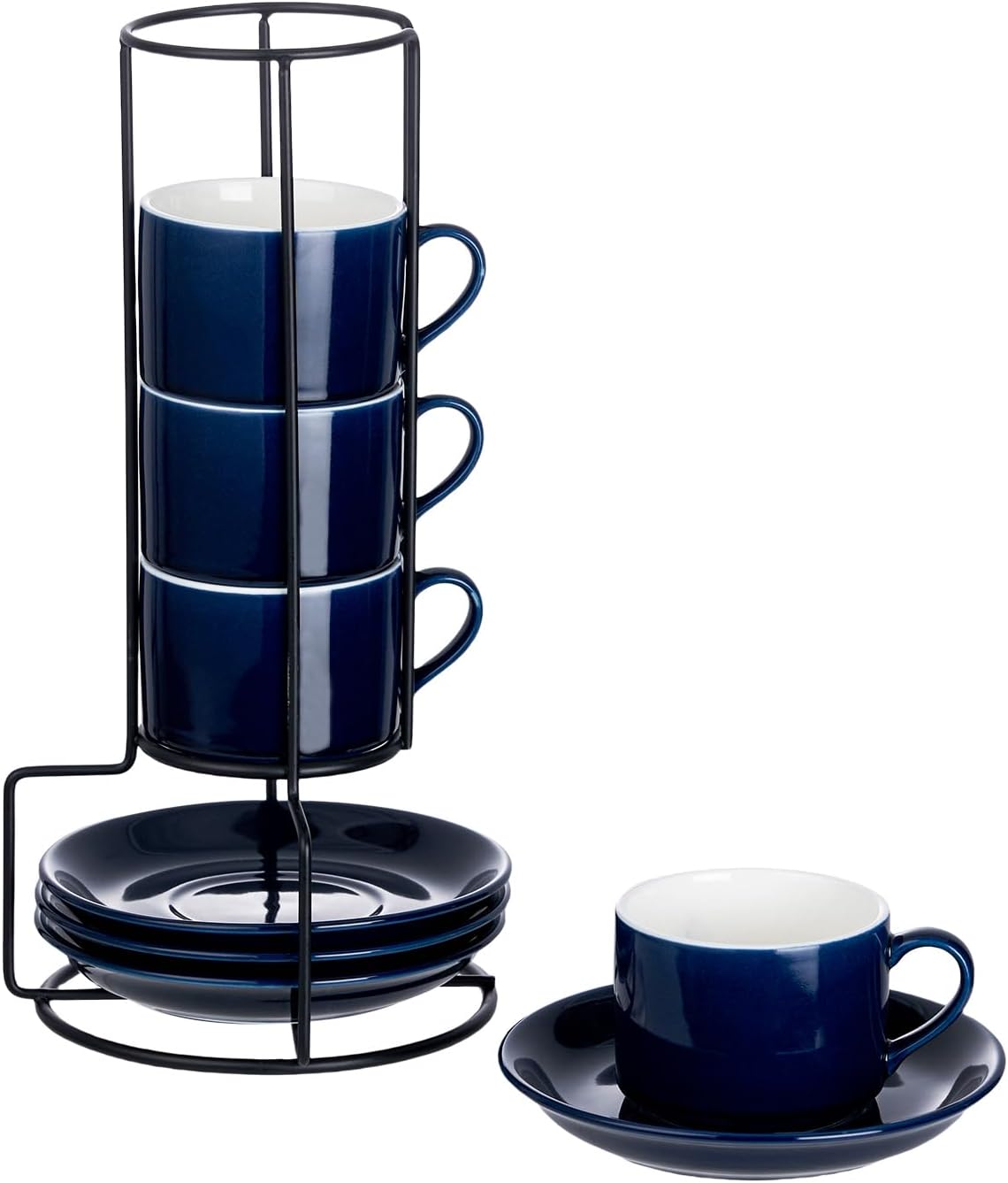 4oz Porcelain Stackable Espresso Cups with Saucers and Metal Stand Set of 4, Stackable Cappuccino Cups, Blue Expresso Shots Cup Set for Coffee Drinks, Latte, Americano, Tea