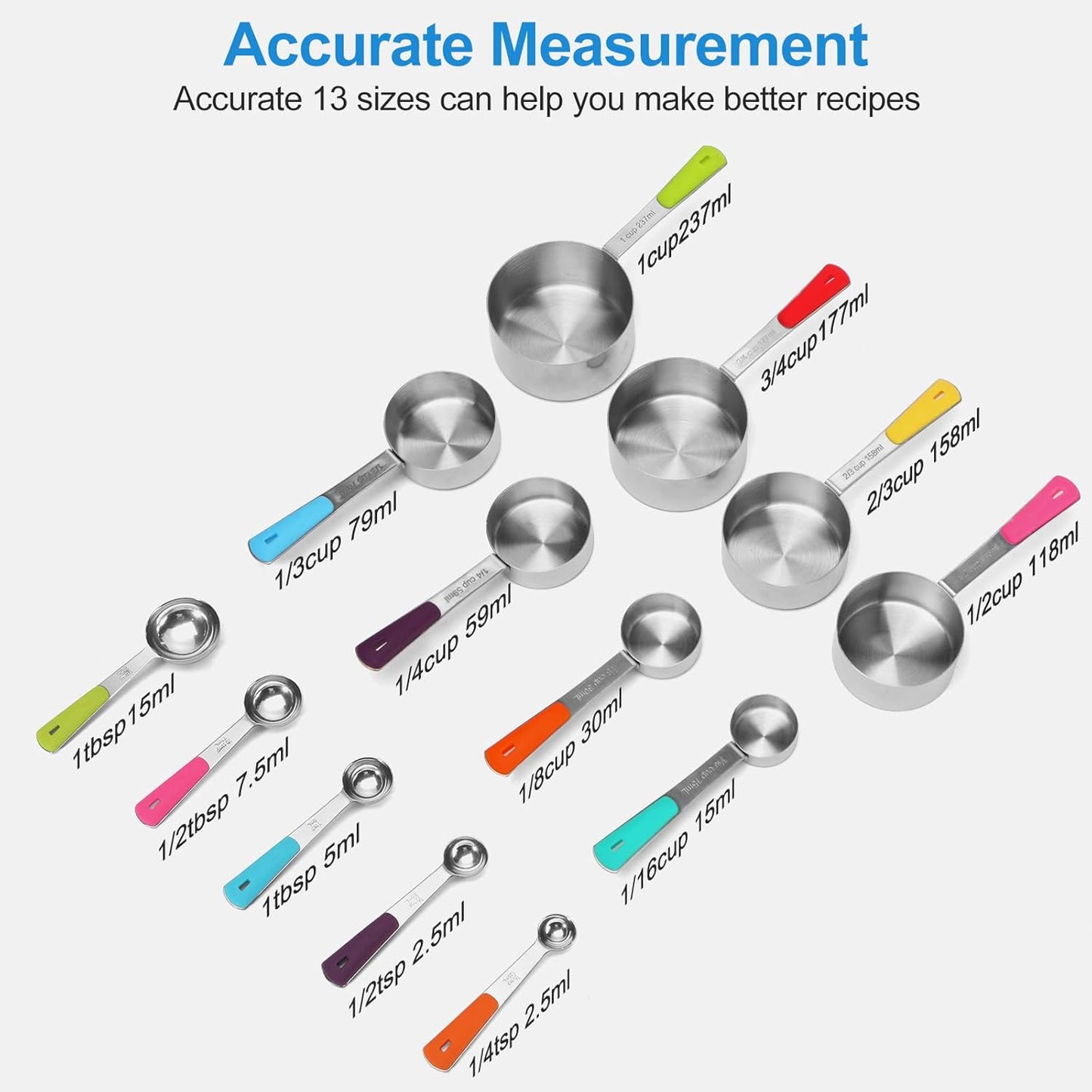 13-Piece Measuring Cups and Spoons Set Stainless Steel for Cooking & Baking (8Cups+5Spoons）
