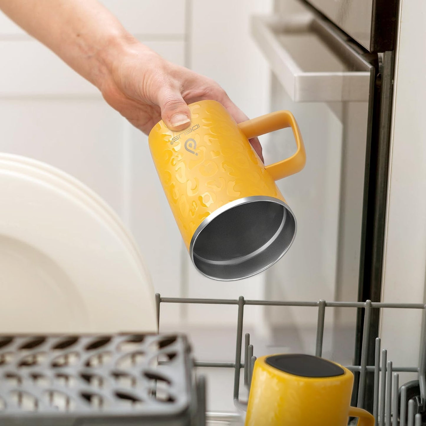 Ideus Vacuum Insulated Coffee Mug, 16oz Reusable Stainless Steel Thermal Double Walled cup with Handle and Slider Lid for Hot & Cold Beverages, BPA Free (Leapord Honey)